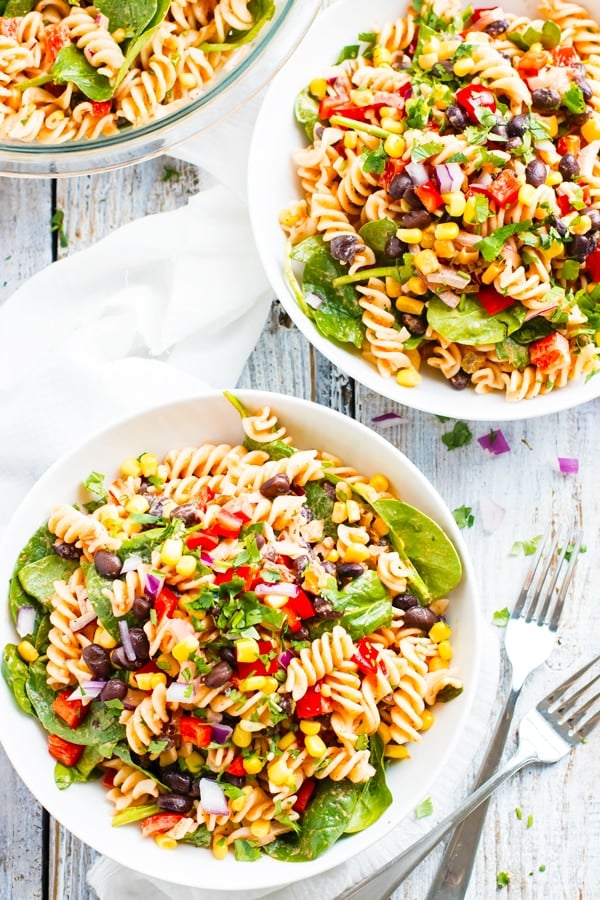 Two white bowls filled with Salsa and Ranch Pasta Salad for a light dinner.