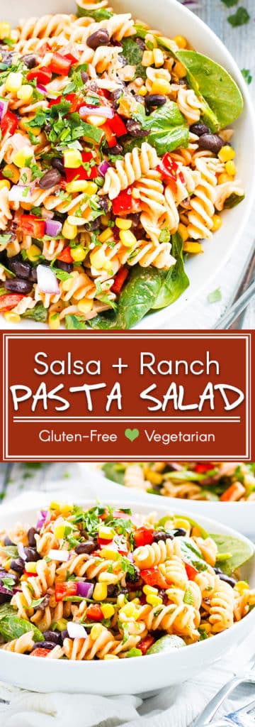 Salsa + Ranch Pasta Salad | This salsa and ranch pasta salad is loaded with Mexican flavors, full of vegetables, and is a great vegetarian and gluten-free pasta salad recipe to make for a crowd!  Make this easy pasta salad for your next potluck in under 30 minutes!