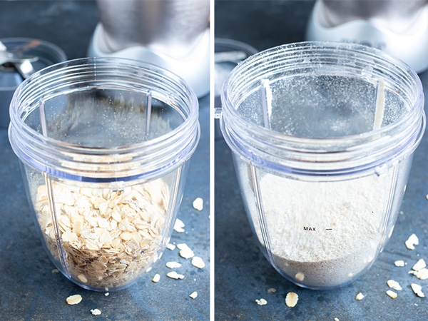 Rolled oats in a blender that have been processed into an oat flour.