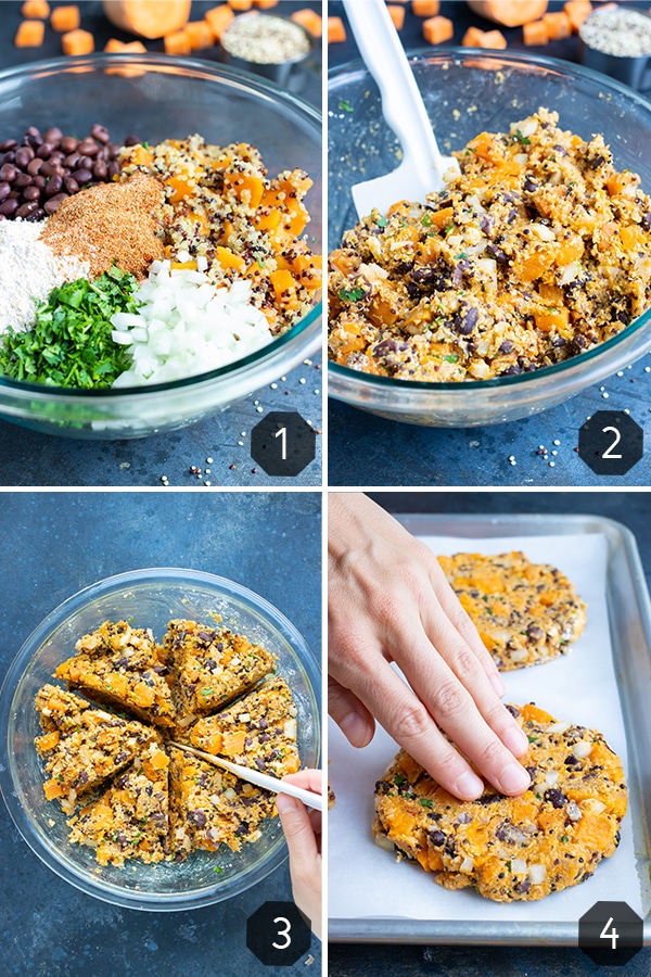 Sweet potatoes, black beans, oat flour, and quinoa in a bowl being mixed together and being formed into veggie burger patties.