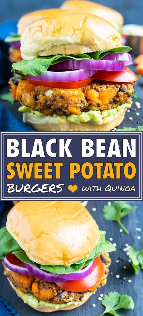 Sweet potato black bean veggie burger patty on a gluten-free bun with red onion, tomatoes, and lettuce.