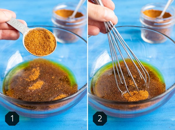 Two images showing a hand adding fajita seasoning to a fajita marinade and then whisking it together.