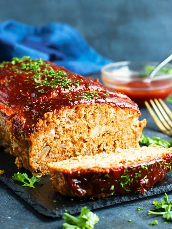 A picture of a sliced Paleo Meatloaf made with ground turkey.