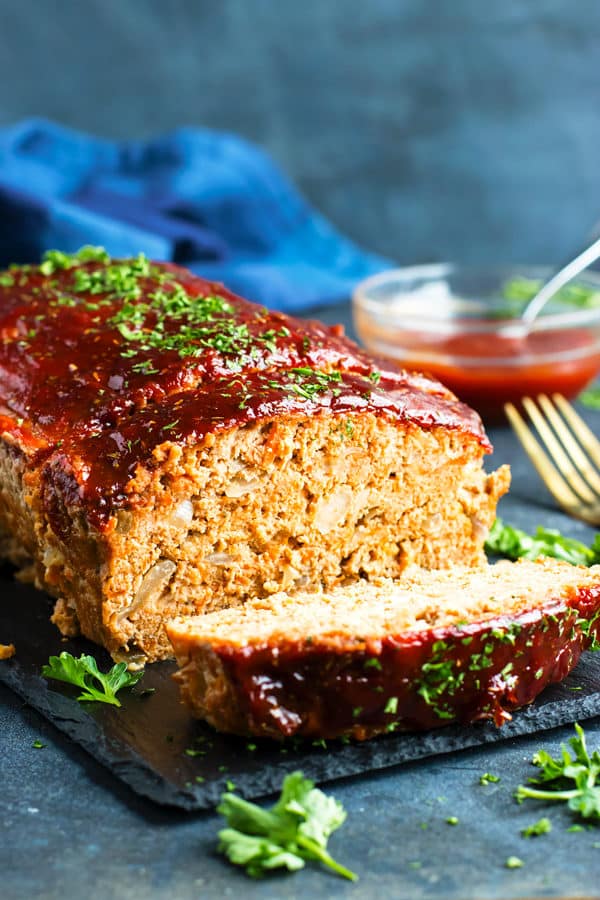 A picture of a sliced Paleo Meatloaf made with ground turkey.