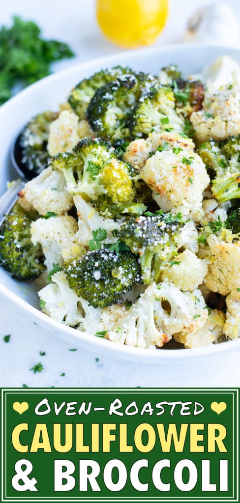 Parmesan roasted broccoli and cauliflower are baked on parchment paper for easy removal from the oven.