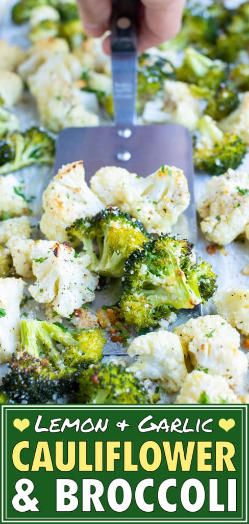 Roasted broccoli cauliflower is full of garlic, parmesan, and lemon zest for a flavorful and healthy baked side.
