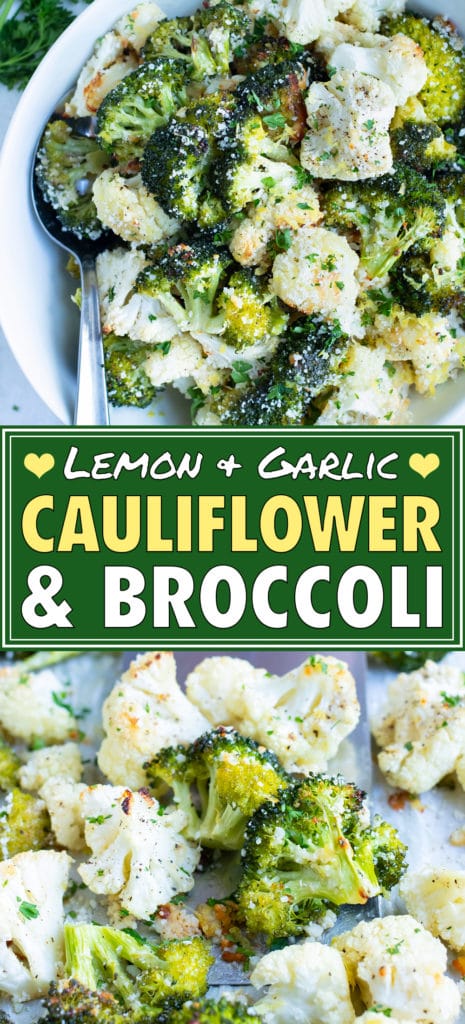 Roasted broccoli cauliflower is flavored with garlic, parmesan, parsley, and lemon zest.