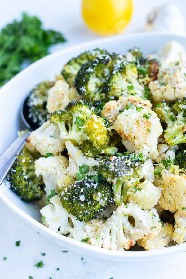 Parmesan roasted cauliflower and broccoli is a low carb vegetarian side dish.
