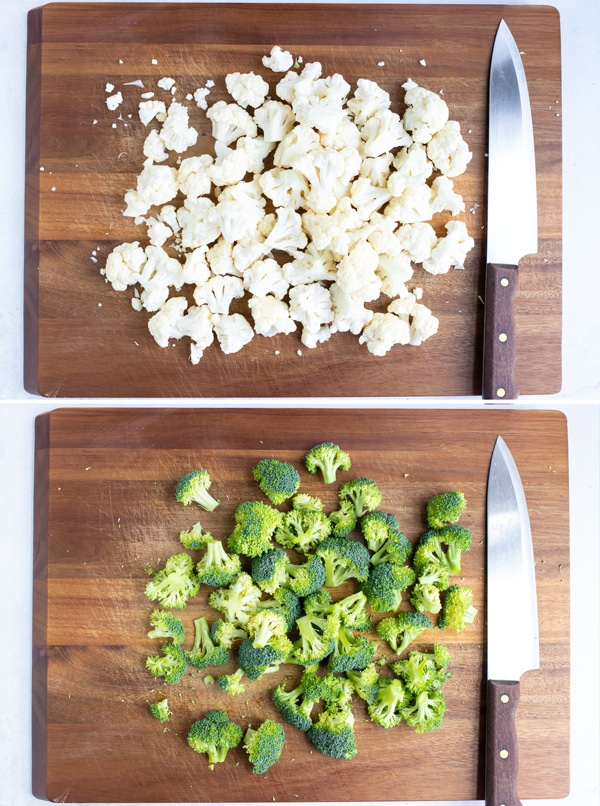 How to chop broccoli and cauliflower into florets before roasting.