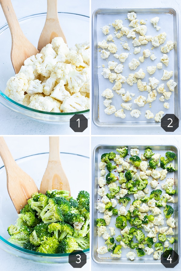Instructional photos for how to make oven roasted broccoli and cauliflower with garlic parmesan flavor.