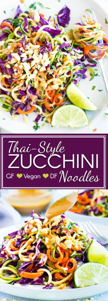 Thai Zucchini Noodle Salad with Cabbage | Fresh, crisp, and uberly nutritious, a Thai Zucchini Noodle Salad makes the perfect healthy lunch or potluck recipe for the warmer Spring and Summer months!  This cold zucchini noodle salad is gluten-free, dairy-free, vegetarian, and vegan.
