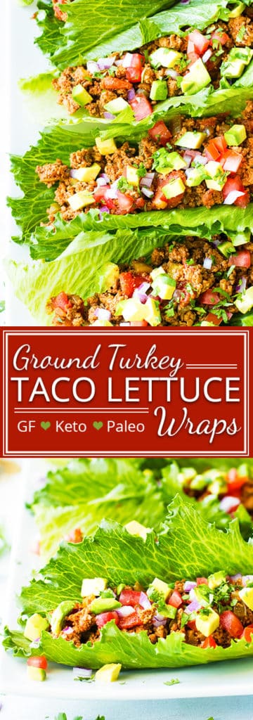 Ground Turkey Taco Lettuce Wraps | Ground Turkey Taco Lettuce Wraps are one of our favorite Paleo, Whole30, and keto recipes to make on a busy weeknight!  Throw everything together in one skillet and these ground turkey lettuce wraps are ready in under 30 minutes!