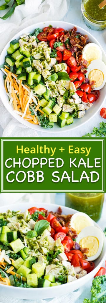 Healthy Chicken Cobb Salad | Prep ahead and enjoy this healthy chicken Cobb chopped kale salad for lunch or dinner!  This chicken Cobb salad recipe is full of tomatoes, hard-boiled eggs, crispy bacon, Monterrey jack cheese, and chopped kale for a healthy, low-carb and gluten-free meal.