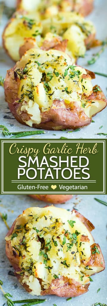 Crispy smashed potatoes are smothered in a delicious garlic and herb sauce for a gluten-free, vegetarian, vegan, and dairy-free side dish recipe.  These garlic smashed potatoes are made with red potatoes, butter or olive oil, rosemary and thyme!  Learn how to make smashed potatoes with only a few simple ingredients.