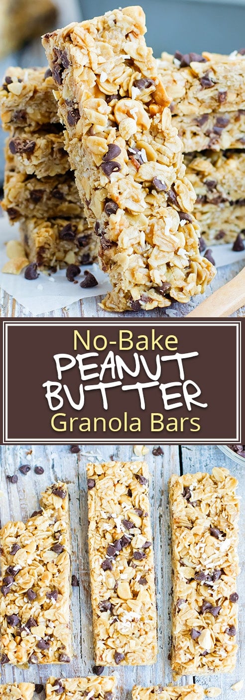 No Bake Peanut Butter Granola Bars are loaded with mini chocolate chips and salted peanuts. This dairy-free, vegan, and gluten-free peanut butter chocolate chip granola bar recipe makes a great healthy afternoon snack the kids will love!