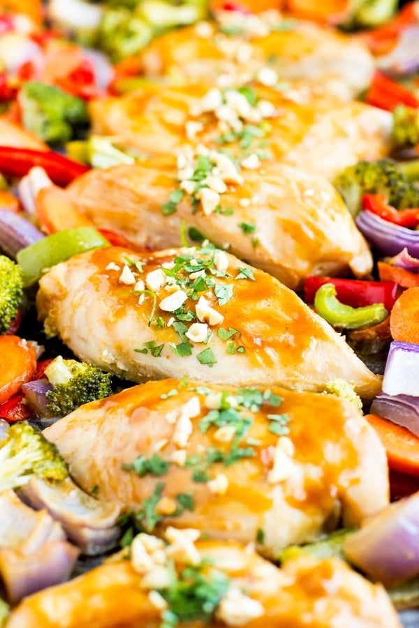 Sheet pan dinners with Thai peanut sauce chicken.