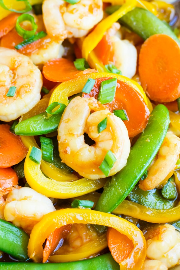 A close up picture of Teriyaki Shrimp Stir Fry with Vegetables.