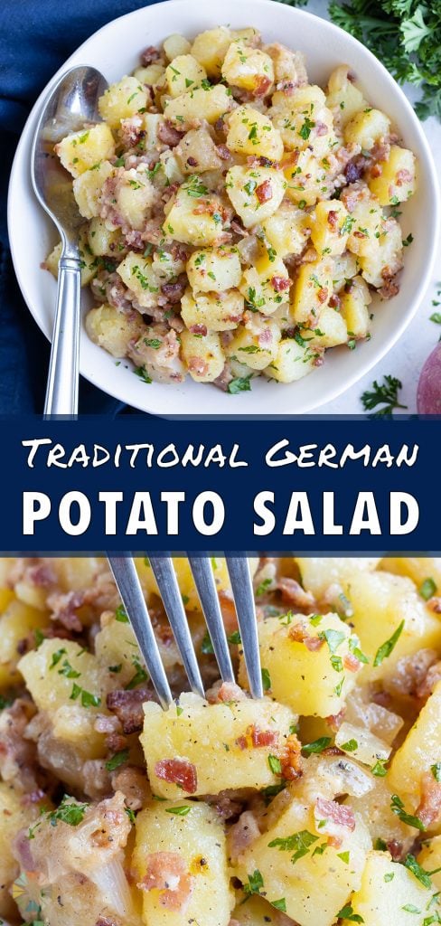 A fork is used to eat warm German potato salad.