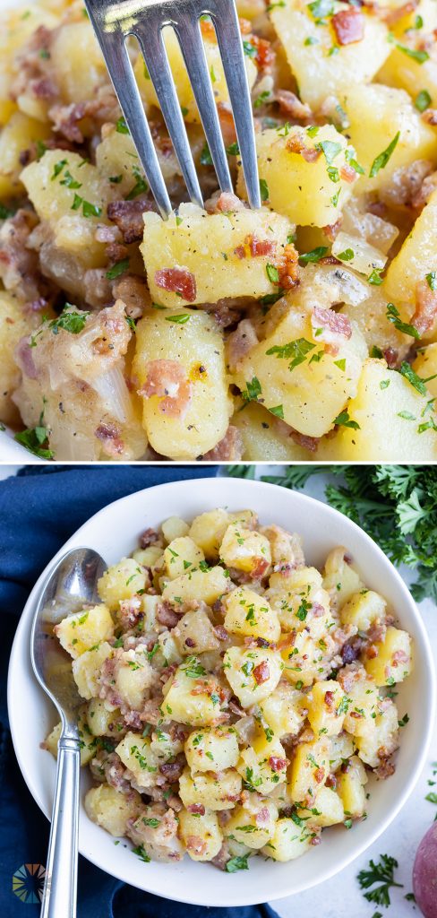 Traditional German potato salad is shown on the counter.