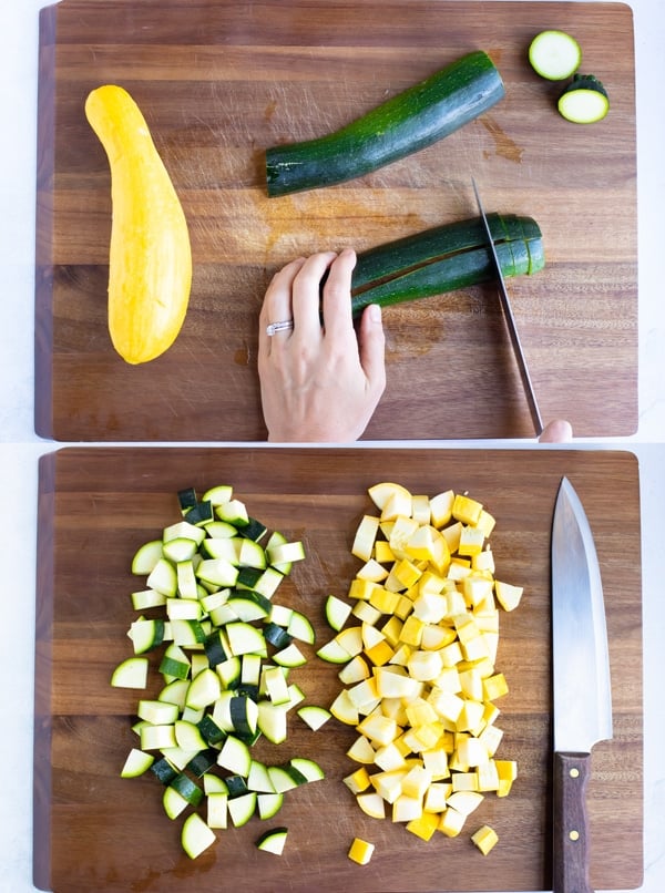 A zucchini being cut into bite-sized pieces and yellow squash that is cut into cubes.