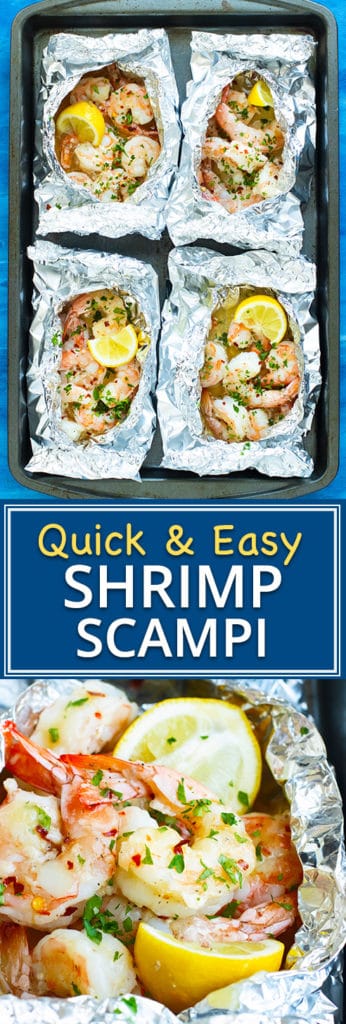 Easy Baked Shrimp Scampi Recipe made in Foil Packets! | Baked Shrimp Scampi is tossed in a delicious garlic and butter white wine sauce, made in convenient foil packets, and is healthy, low-carb, gluten-free, low-carb, and can be made Paleo and Whole30.  This easy weeknight dinner recipe comes together in under 20 minutes, too!