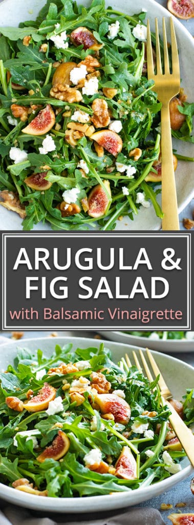Fig, Goat Cheese Arugula Salad When fig season is in full swing you can use them up by tossing them into this easy Arugula Fig Salad with a delightful balsamic vinaigrette dressing!  The combination of sweet figs, tart goat cheese, crunchy walnuts, and spicy arugula make all drizzled with a tasty balsamic vinaigrette dressing this one unforgettable and healthy salad recipe!