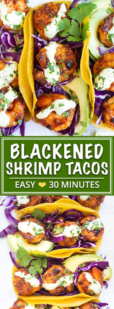 Easy Blackened Shrimp Tacos are a healthy, gluten-free, and quick taco recipe to whip up on a busy weeknight!  Toss together your blackened shrimp seasoning, whip up the cilantro lime shrimp taco sauce, and you'll have this easy taco recipe on the table in under 30 minutes!