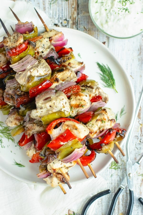 Delicious and Easy Greek Chicken Shish Kabobs on a plate for dinner.