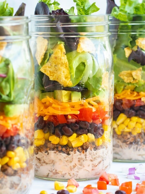 Gluten-free taco salad recipe in a mason jar for an easy lunch.