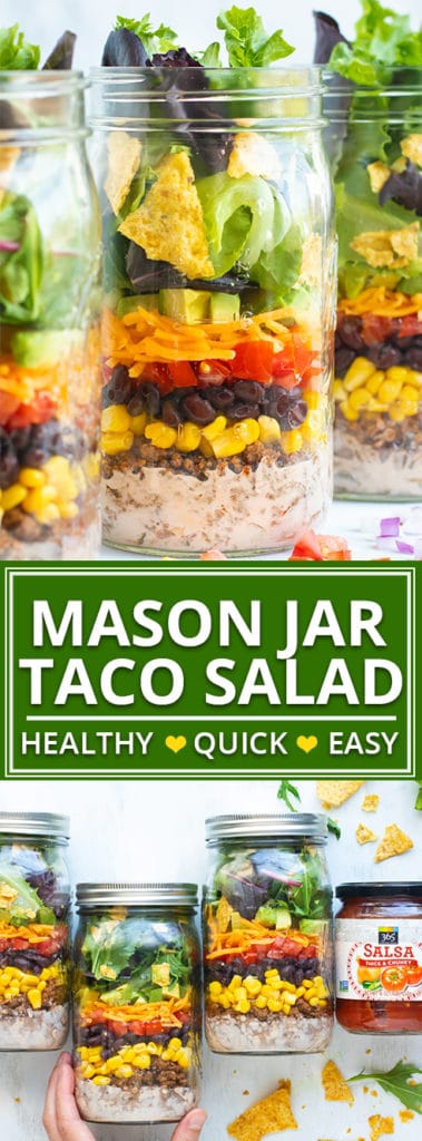 Healthy Taco Salad Recipe | Take this Healthy Taco Salad to work or school in a super convenient mason jar!  This easy mason jar salad recipe is a gluten-free and easy work lunch that you can prep-ahead for the week!