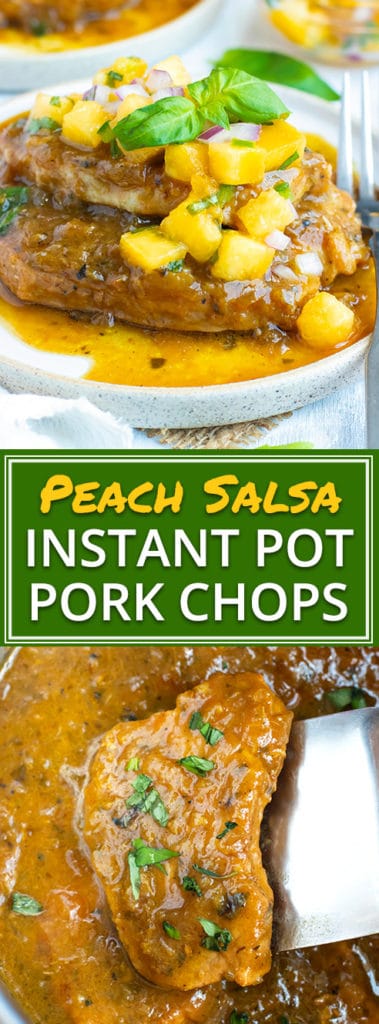 Easy Instant Pot Pork Chops with Peach Salsa Recipe | Instant Pot pork chops are cooked to perfection in a peach, basil, and jalapeno sauce and then topped with an easy peach salsa for the perfect gluten-free, dairy-free and Whole30 boneless pork chops recipe!  You will learn how long to cook boneless pork chops in the pressure cooker as well as how to make a peach salsa recipe from scratch!