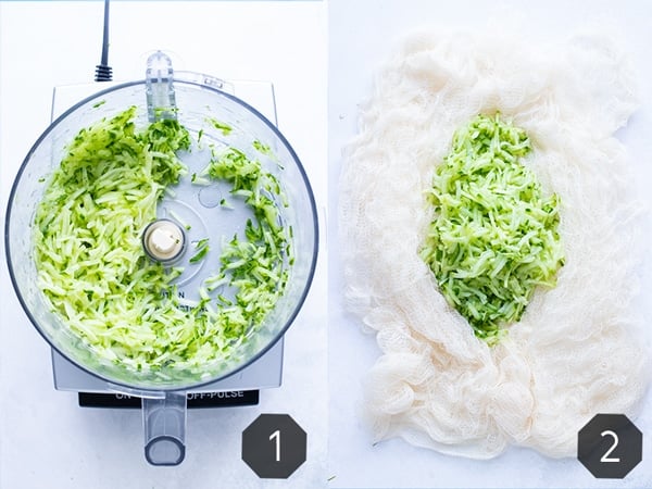 Instructional photos for using your food processor to shred cucumber and place on a cheese cloth to remove excess liquid before using in this tzatziki sauce.