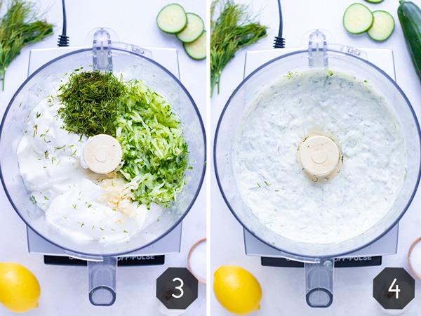 Step by step instructions for adding ingredients to the food processor and blending to a creamy, combined texture in this easy homemade tzatziki dip.