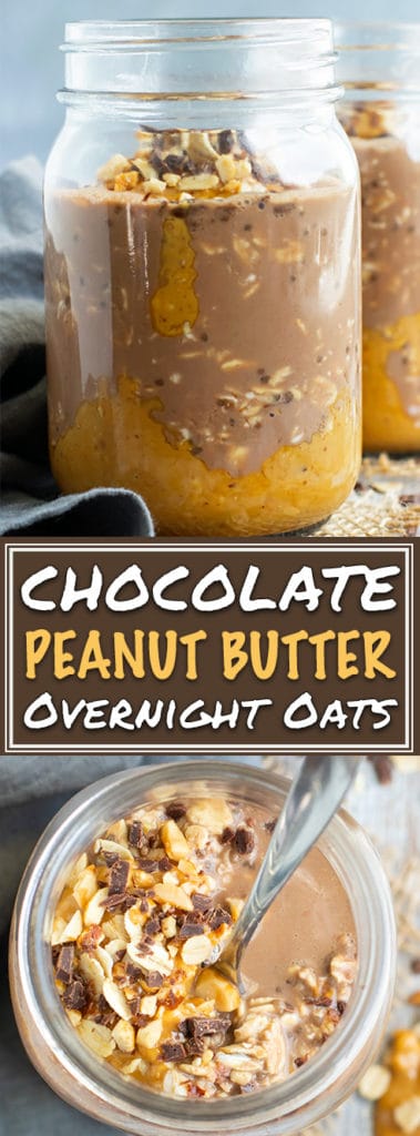 Healthy Chocolate + Peanut Butter Overnight Oats | Make these easy and healthy Chocolate Peanut Butter Overnight Oats the night before and wake up to a delicious breakfast in a jar!  This easy vegan overnight oats recipe is made with gluten-free oats, cocoa powder, almond milk, and sweetened with maple syrup!