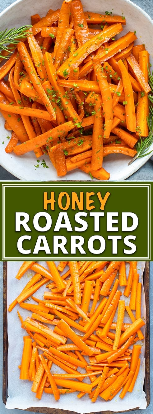 Honey Roasted Carrots Recipe | Honey roasted carrots are a healthy, easy, gluten-free, dairy-free, and vegetarian roasted carrots recipe that makes a great vegetable side dish recipe. This honey roasted carrots recipe teaches you how to roast carrots in the oven that are perfect for a normal weeknight or a Thanksgiving, Christmas, or Easter side dish recipe!
