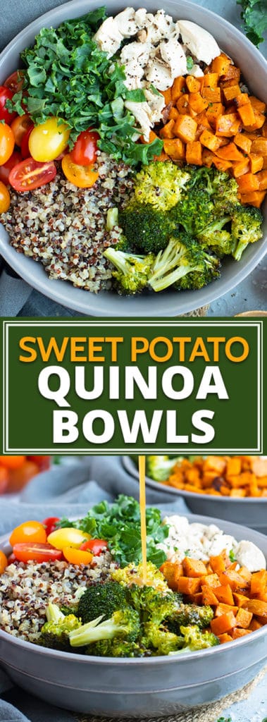 A gray bowl filled with a veggie quinoa bowl recipe.