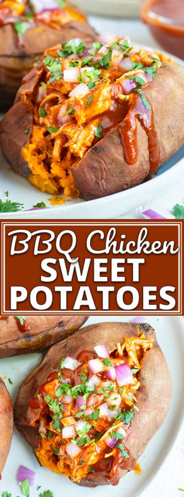 Chicken Stuffed Sweet Potatoes recipe on a white plate.