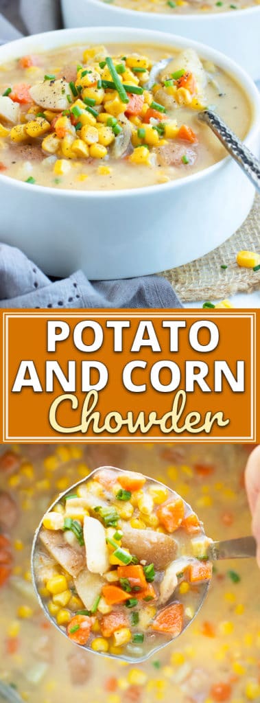 Instant Pot Potato Corn Chowder is a quick and easy gluten-free, dairy-free, Whole30, vegetarian and vegan soup recipe that is full of flavor!  This healthy soup recipe can be ready-to-eat in under 30 minutes!  