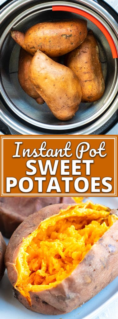 Instant Pot Sweet Potato in a steamer basket and on a white plate.