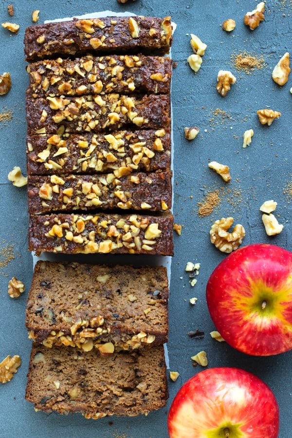 Eight slices of Healthy Apple Bread on a blue tray.