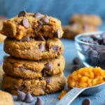 Pumpkin chocolate chip cookie recipe with pumpkin puree and dark chocolate chips.