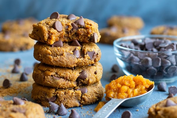 Pumpkin chocolate chip cookie recipe with pumpkin puree and dark chocolate chips.