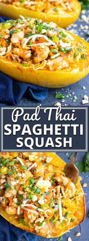 Spaghetti Squash Chicken Pad Thai is a healthy way to enjoy your favorite Thai recipe at home!  This chicken pad Thai recipe is made gluten-free, dairy-free, and then stuffed in roasted spaghetti squash that has been baked in the oven for an easy alternative to traditional pad Thai!