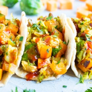 Close up picture of vegan sweet potato tacos for a delicious dinner.