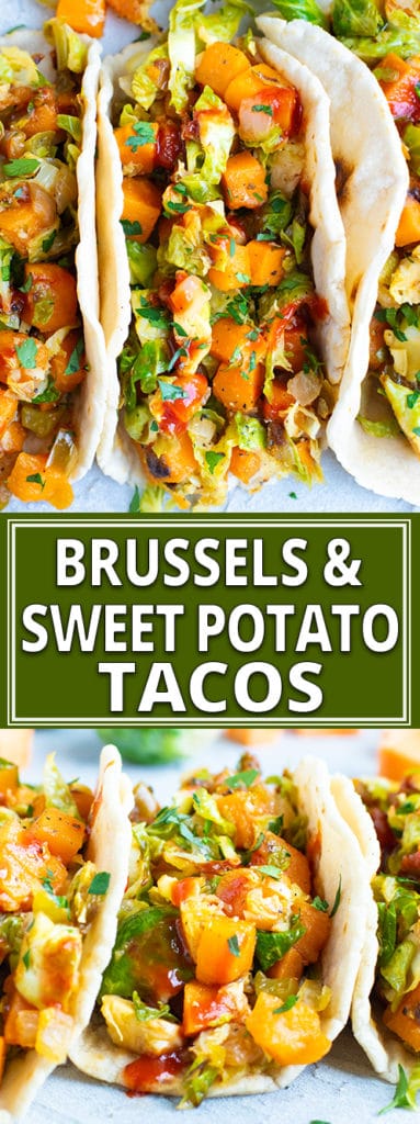 Vegan Tacos are loaded with sweet potatoes, shaved Brussel sprouts, a spicy-sweet sauce, and then wrapped in a Paleo tortilla!  This gluten-free, dairy-free, Paleo, and vegan taco recipe is what taco dreams are made of!!