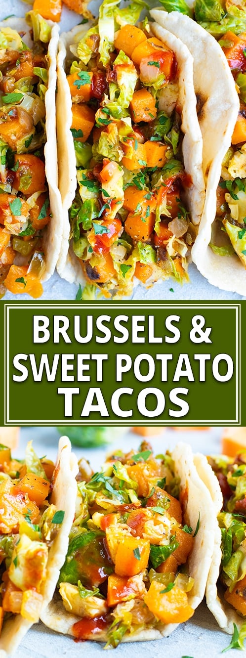 Vegan Tacos are loaded with sweet potatoes, shaved Brussel sprouts, a spicy-sweet sauce, and then wrapped in a Paleo tortilla! This gluten-free, dairy-free, Paleo, and vegan taco recipe is what taco dreams are made of!! #evolvingtable #vegan #tacos #vegantaco #recipe #Paleo #glutenfree