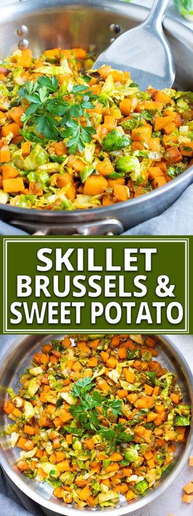 Skillet Brussel sprouts and sweet potatoes are a super quick and easy side dish to serve with chicken, steak, turkey, or pork!  This healthy recipe is gluten-free, dairy-free, vegan, Paleo, and makes a great weeknight, Christmas, or Thanksgiving vegetable side dish, too!