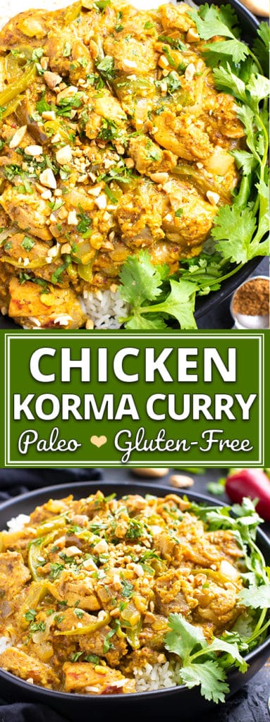 Chicken Korma Curry is a traditional Indian dish that is made with boneless chicken thighs, a blend of spices, cashews, almonds, and coconut milk.  This easy and healthy chicken korma recipe teaches you how to make a korma sauce from scratch and is naturally gluten-free, dairy-free, Paleo, and can easily be made Whole30 compliant. #evolvingtable #chicken #korma #curry #Indianfood