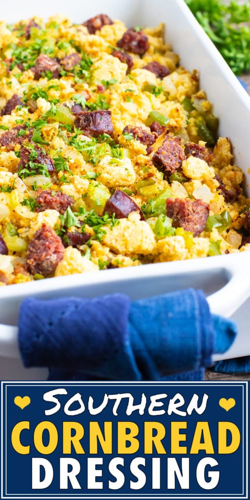 Southern cornbread dressing recipe in a white baking dish for a Thanksgiving side dish.