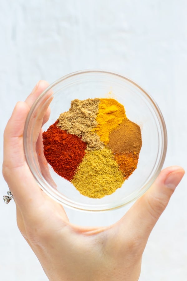 A spice blend of turmeric, cinnamon, cumin, cayenne pepper, coriander, and paprika in a clear bowl.